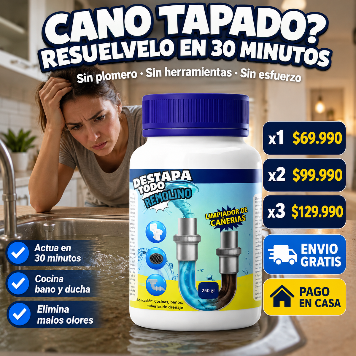 Destapa caños potente para tuberías