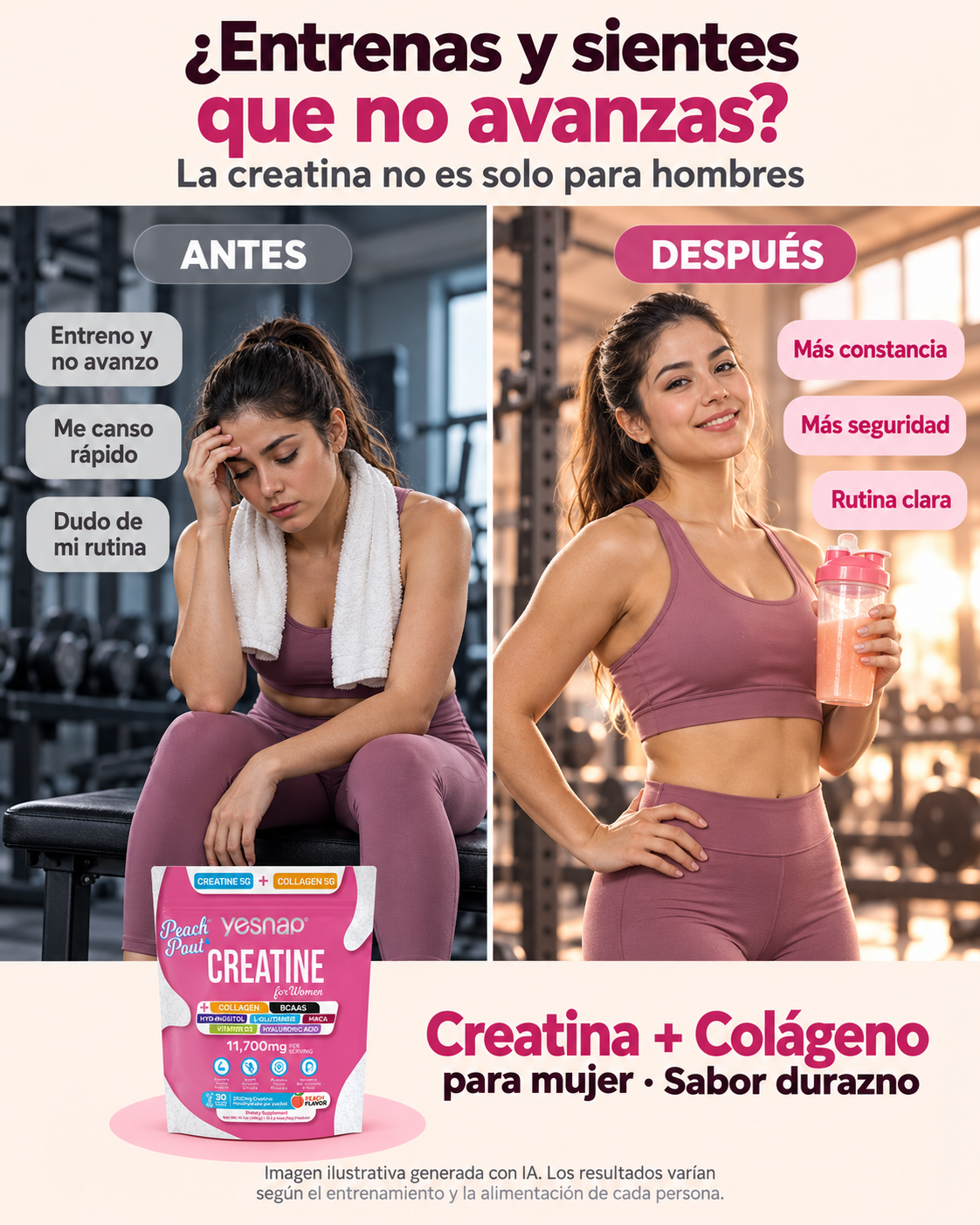 Creatina + Colágeno para Mujer Yesnap Peach Pout – Sabor Durazno