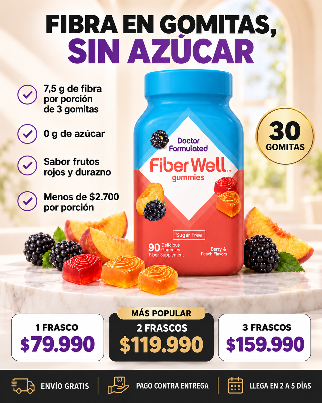 FiberWell Gomitas de Fibra Sin Azúcar 7,5 g – Frutos Rojos y Durazno (30 gomitas)