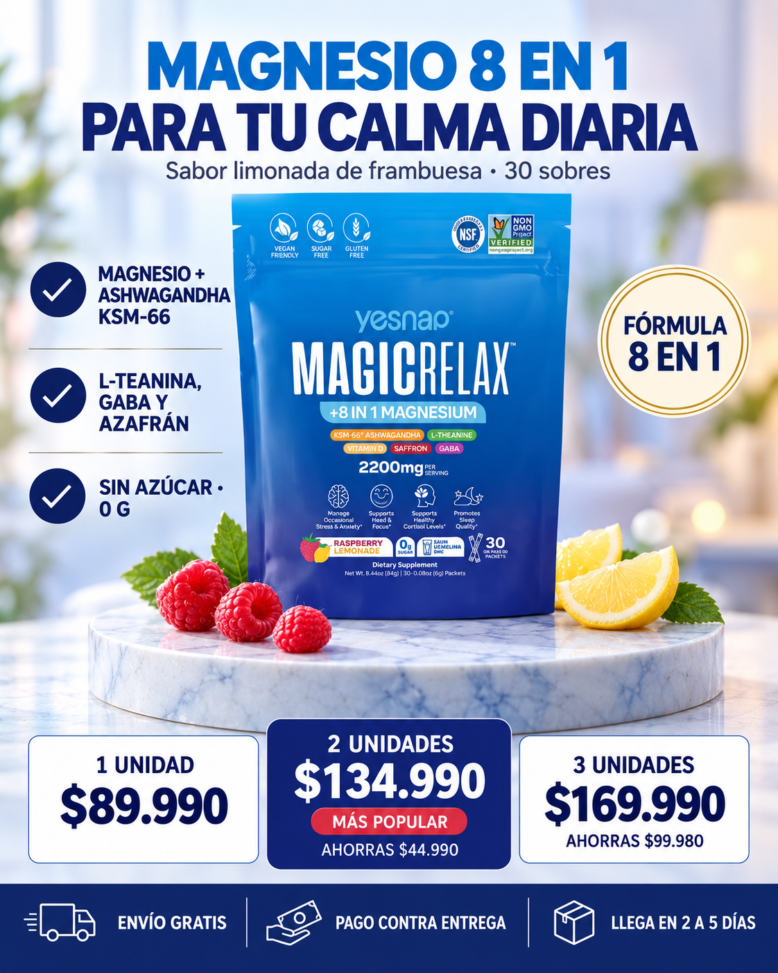 Yesnap MagicRelax Magnesio 8 en 1 – 30 Sobres Sabor Limonada de Frambuesa