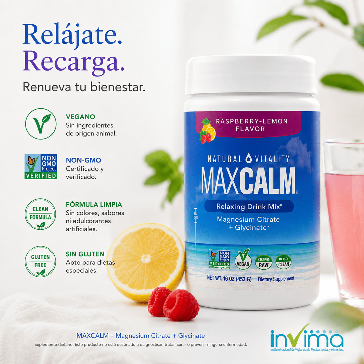 MaxCalm: bebida antiestrés (Citrato de magnesio Iónico + Glicinato) - Sabor a frambuesa y limón