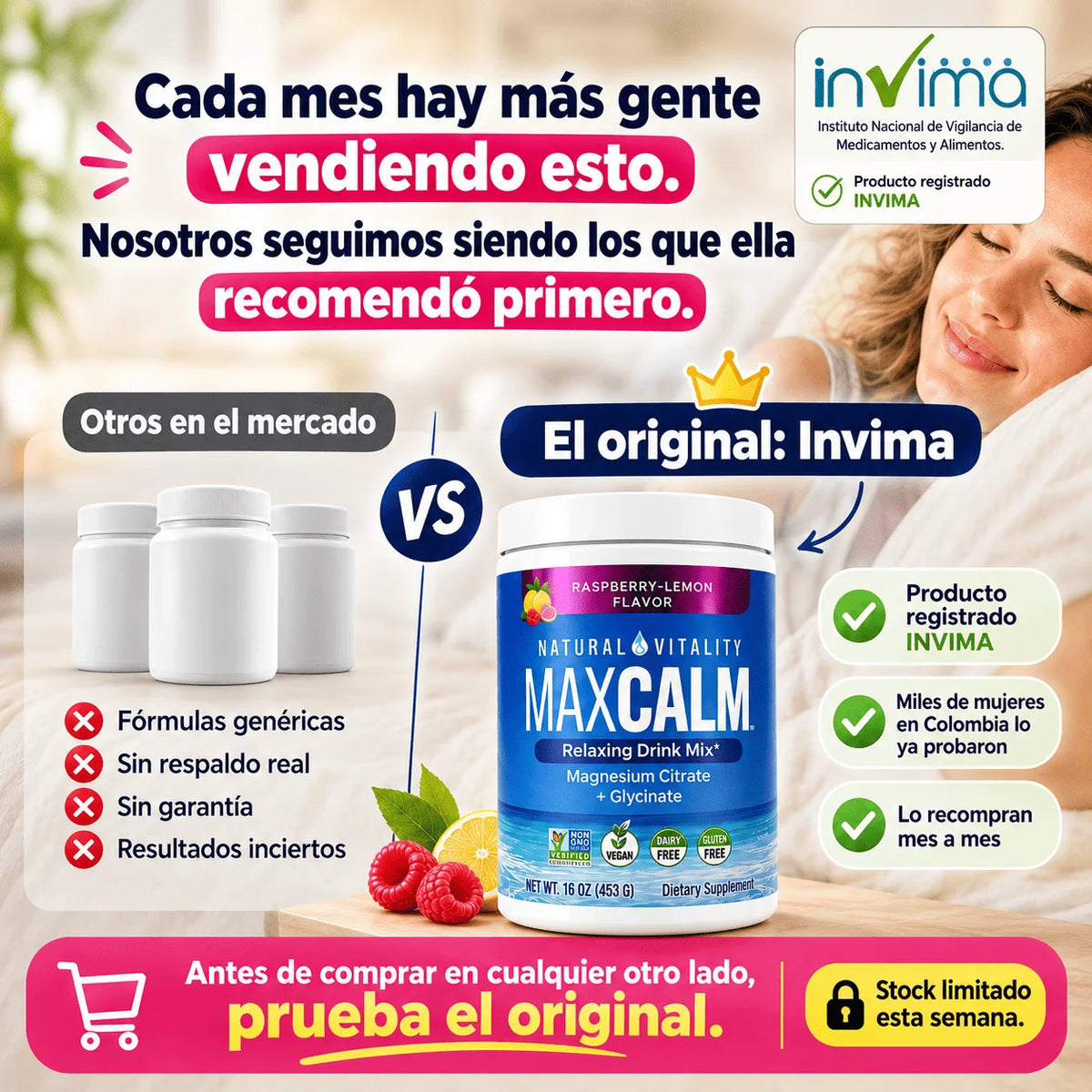 MaxCalm: bebida antiestrés (Citrato de magnesio Iónico + Glicinato) - Sabor a frambuesa y limón