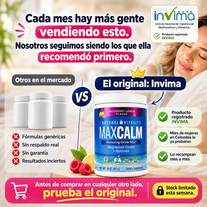 MaxCalm: bebida antiestrés (Citrato de magnesio Iónico + Glicinato) - Sabor a frambuesa y limón